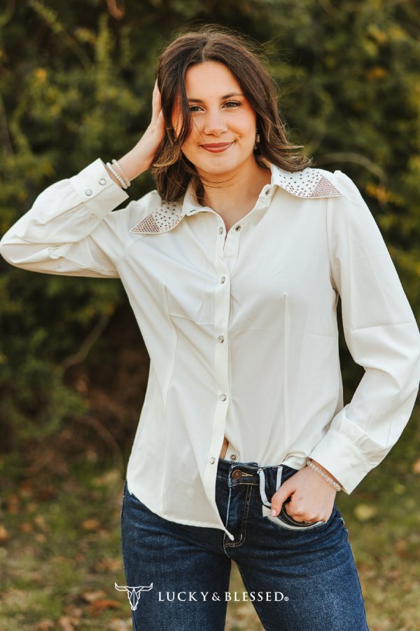 Ivory Long Sleeve Blouse W Rhinestone Collared Button Down Shirt