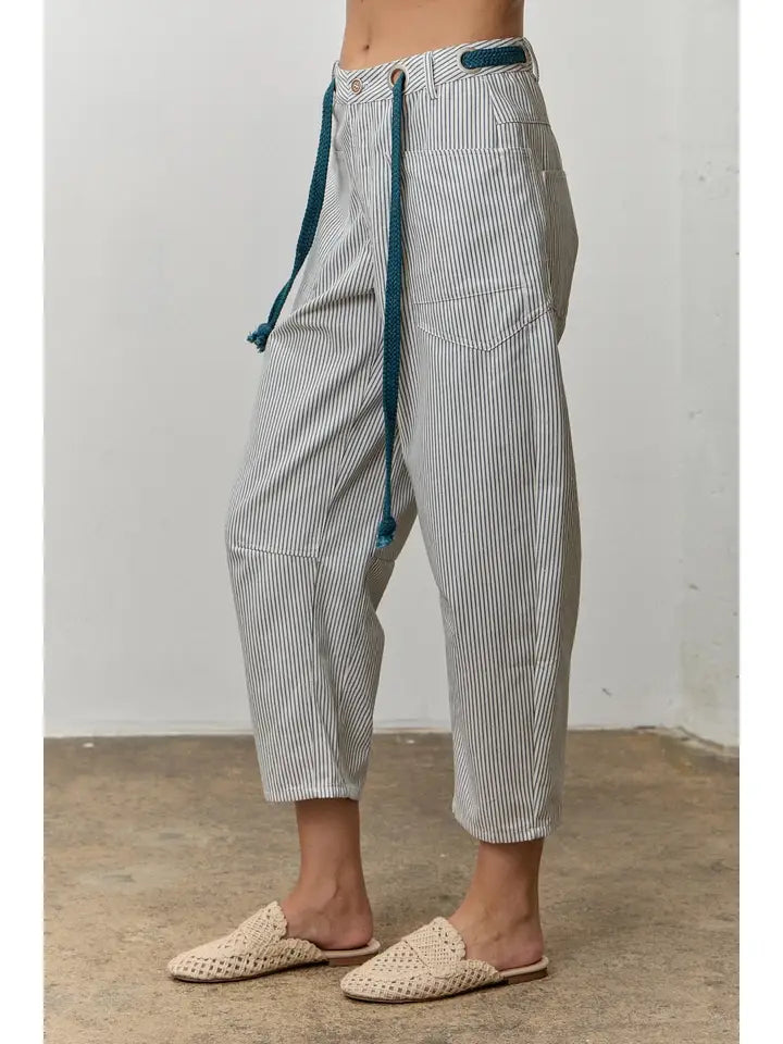 Dusty Blue Striped Barrel Pants