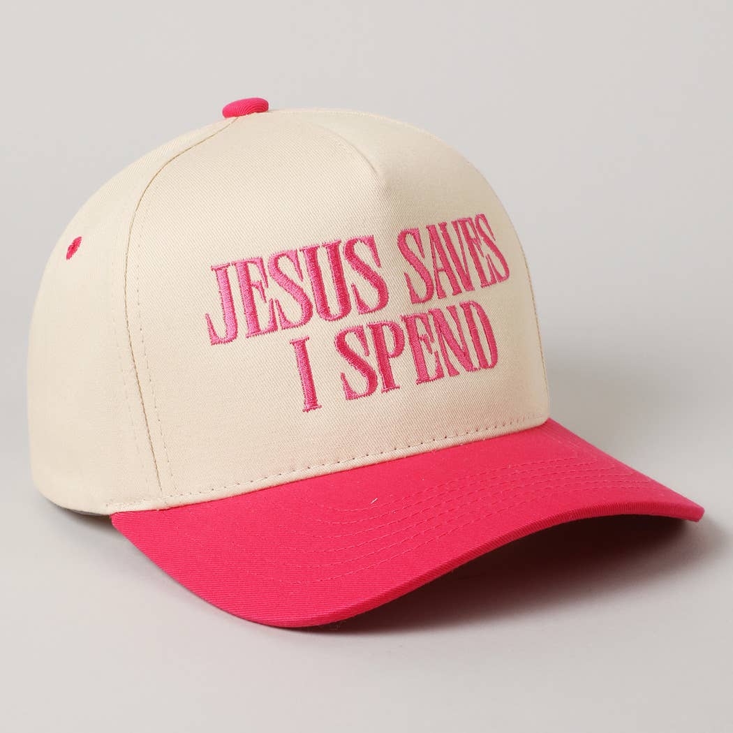 JESUS SAVES I SPEND Embroidery Trucker Hat: HOT PINK / ONE SIZE