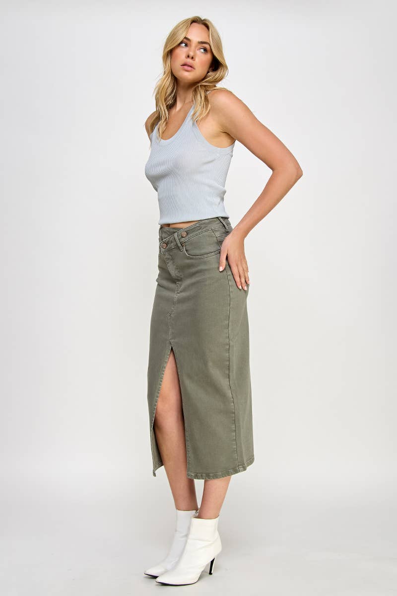Army Green Midi Denim Skirt