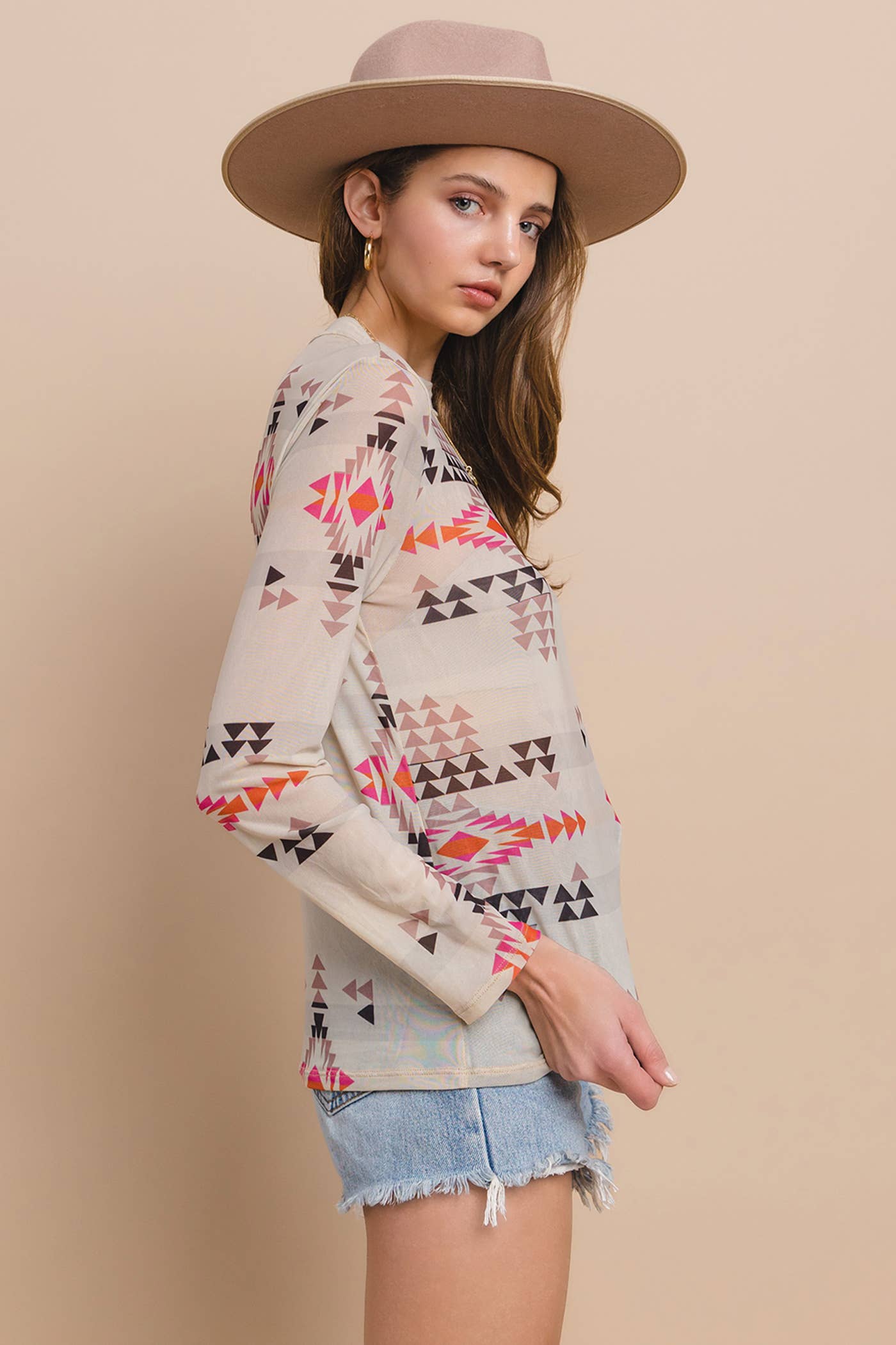 Western Aztec Print Mesh Mock Neck Top: WESTERN PRINT / L