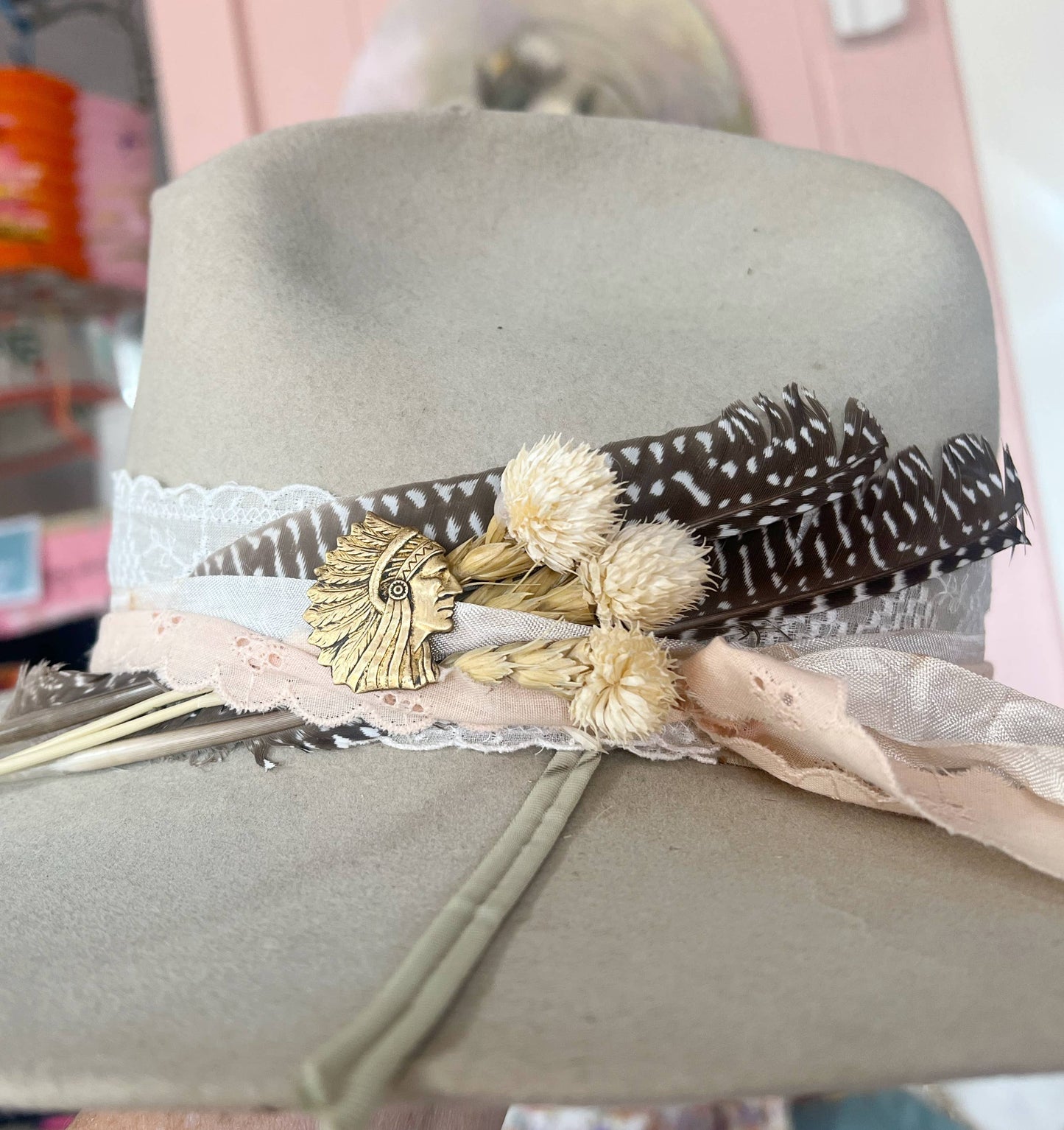 Aged Brass Native American Head Hat Pin profile