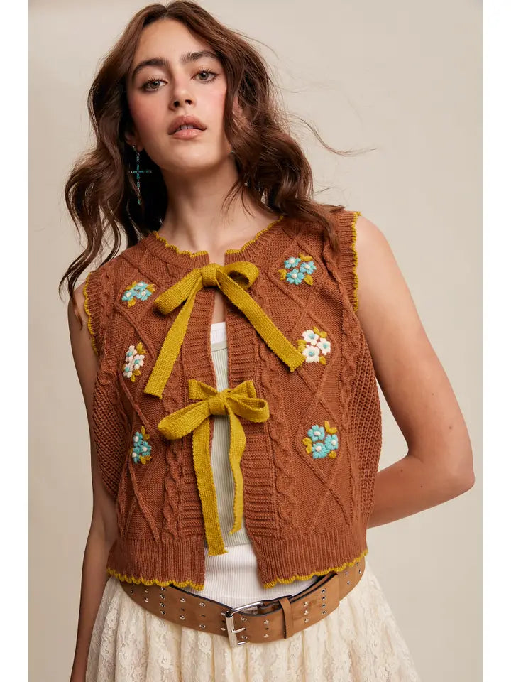 Brown Bow-Tie Floral Knit Vest
