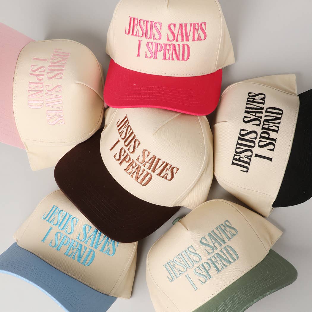 JESUS SAVES I SPEND Embroidery Trucker Hat: HOT PINK / ONE SIZE