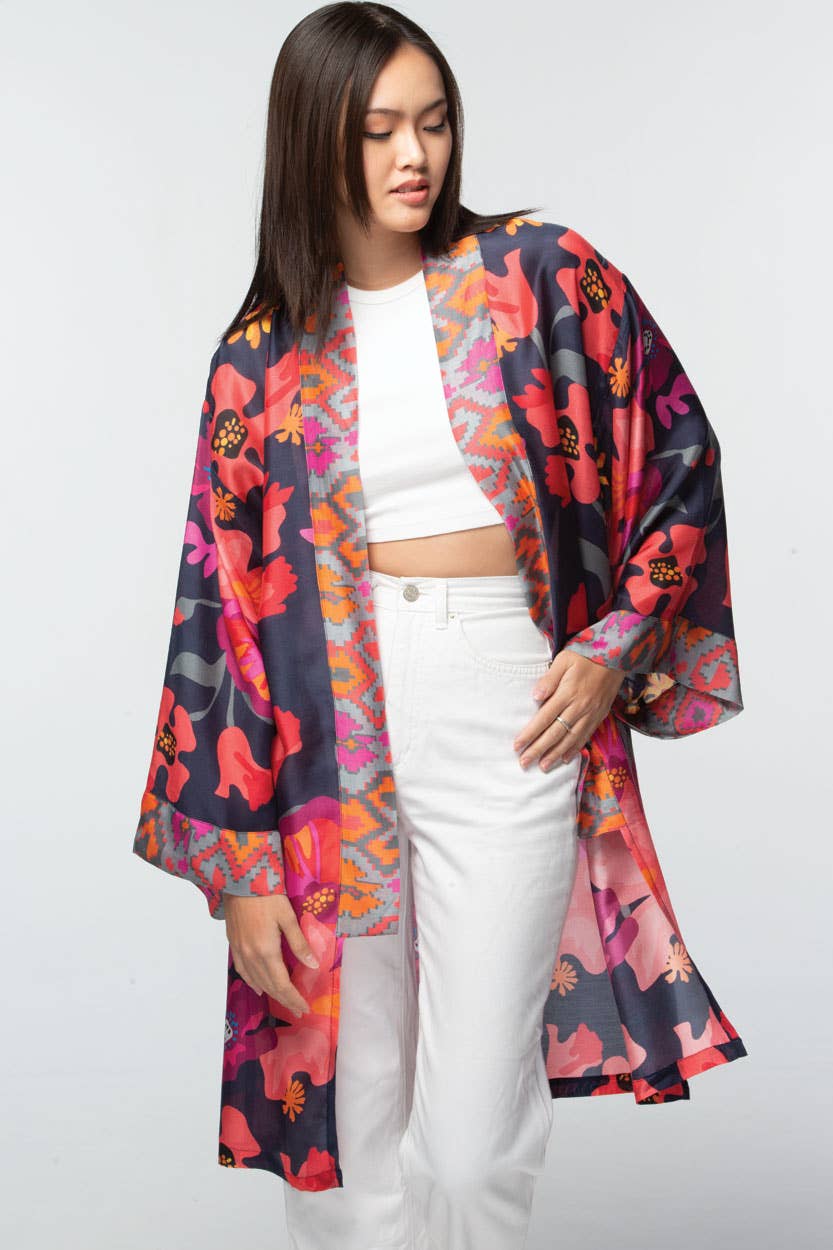 Malini Cupro Kimonos: Navy Multi Floral