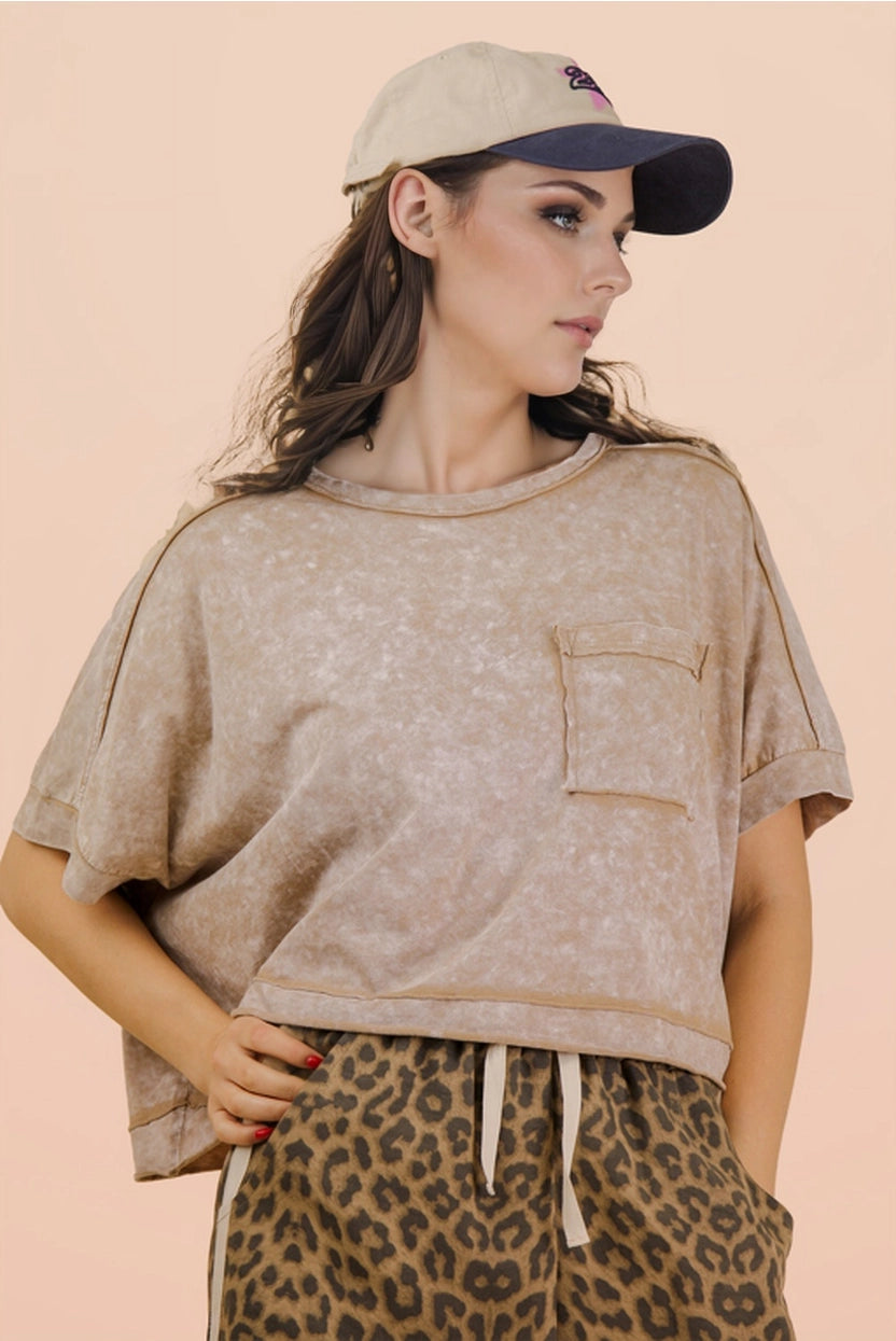 Taupe Mineral Washed Oversized Crop Comfy Knit Top