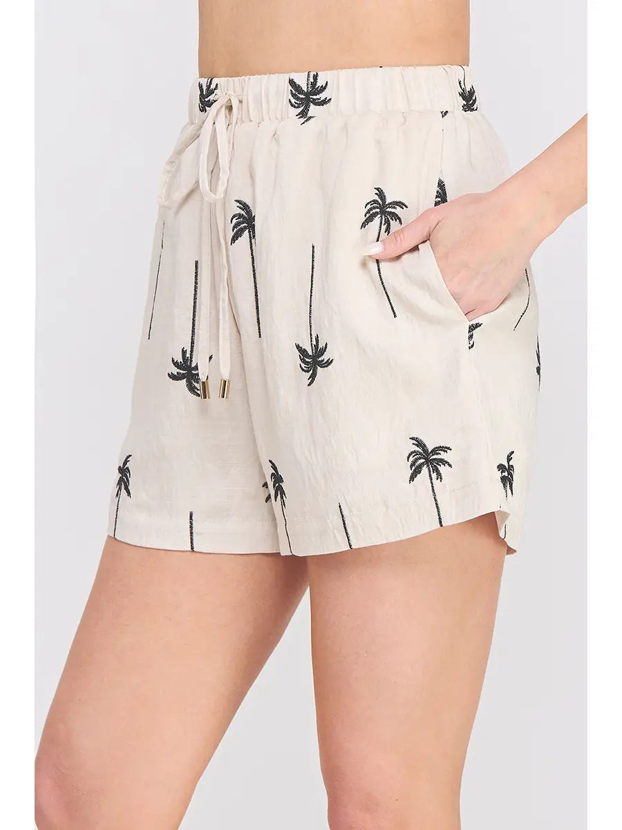 Draped Palm Tree Embroidered Lined Short