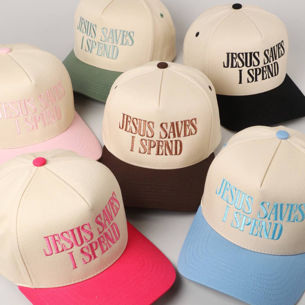 JESUS SAVES I SPEND Embroidery Trucker Hat: HOT PINK / ONE SIZE