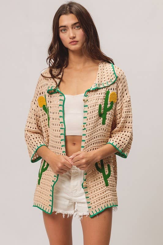 Edge Stitch Cactus Sweater Cardigan Top