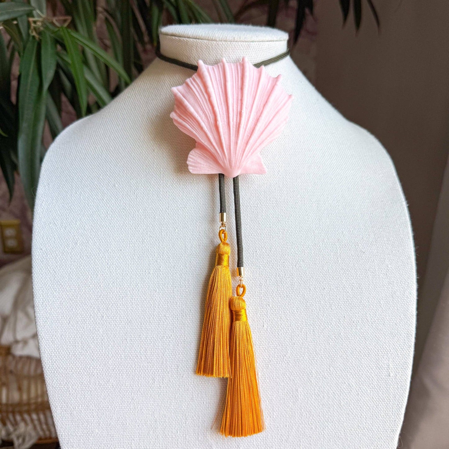 Shell Bolo Blush Pink with Moss Green & Golden Yellow
