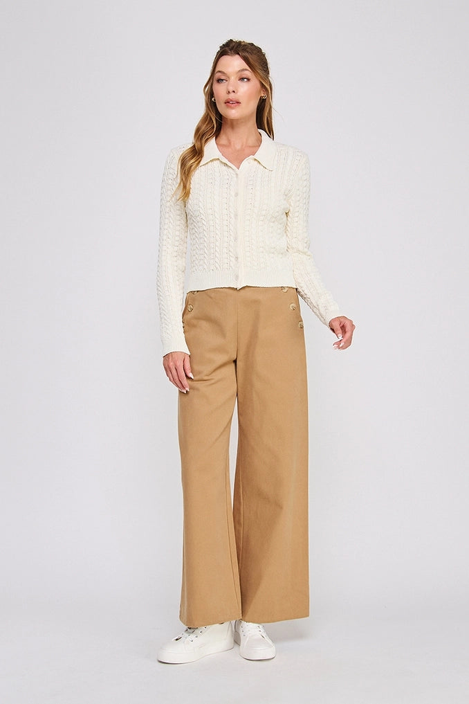 Cream Cable Knit Button Down Sweater Top