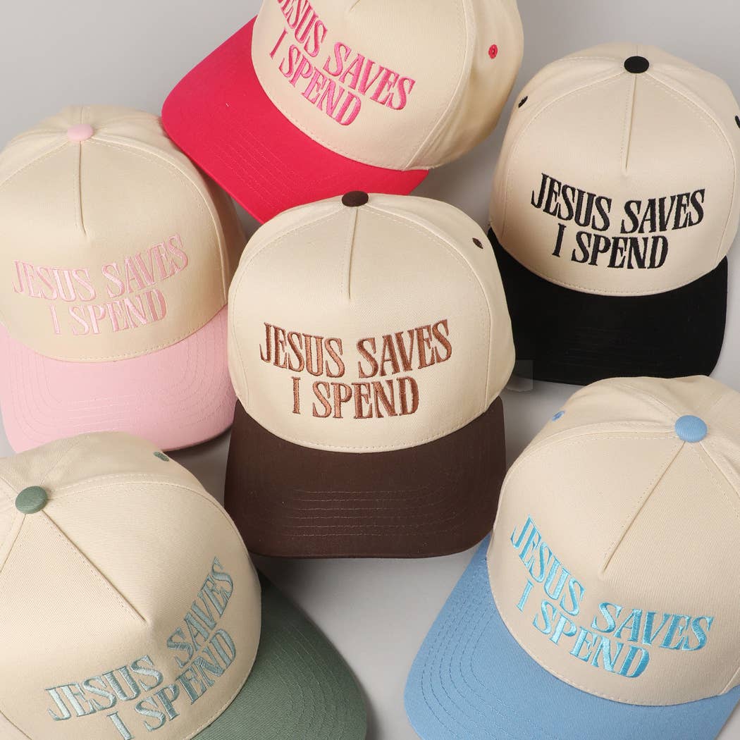 JESUS SAVES I SPEND Embroidery Trucker Hat: HOT PINK / ONE SIZE