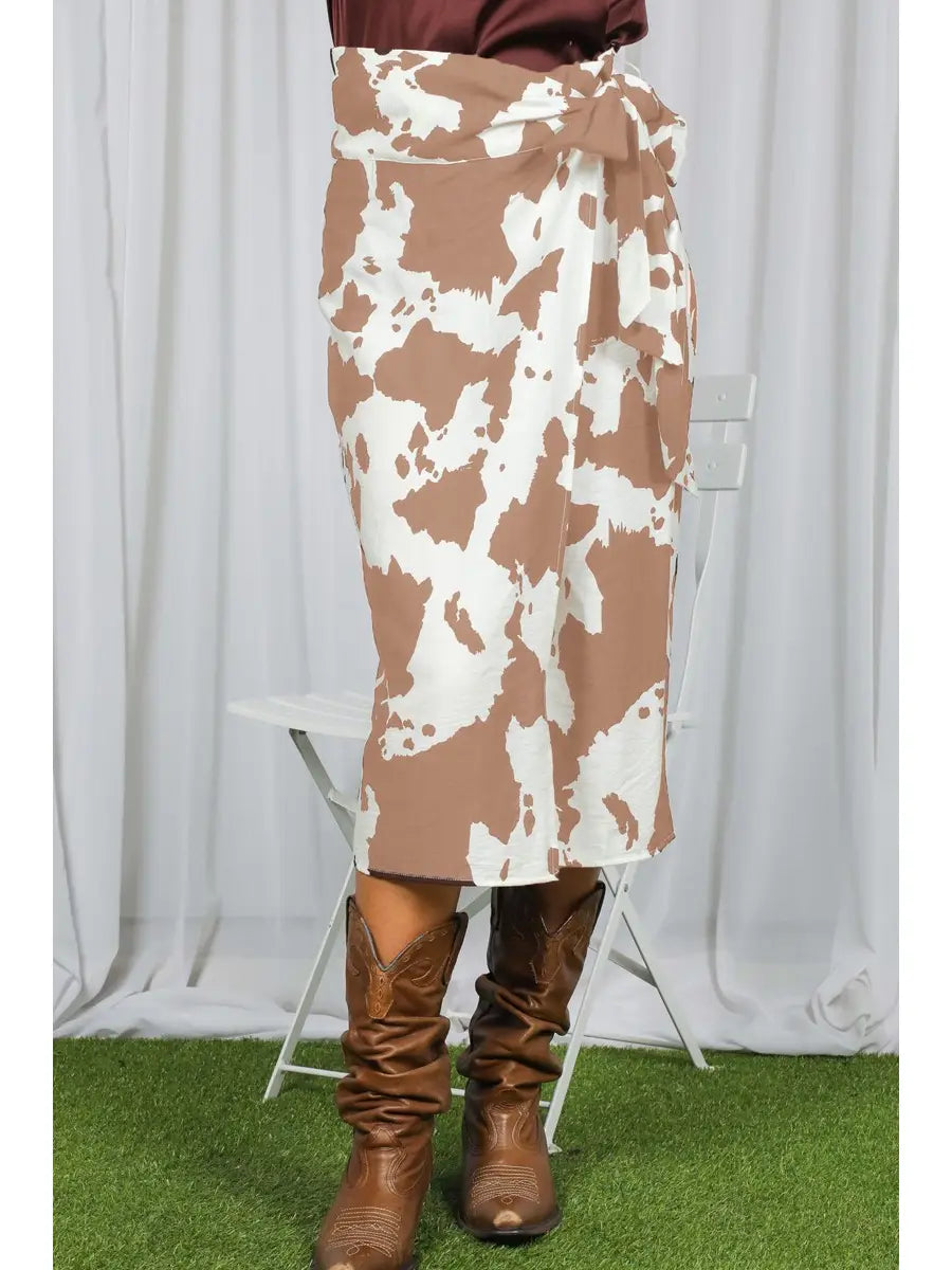 Tie Waist Strap Cow Print Midi Wrap Skirt