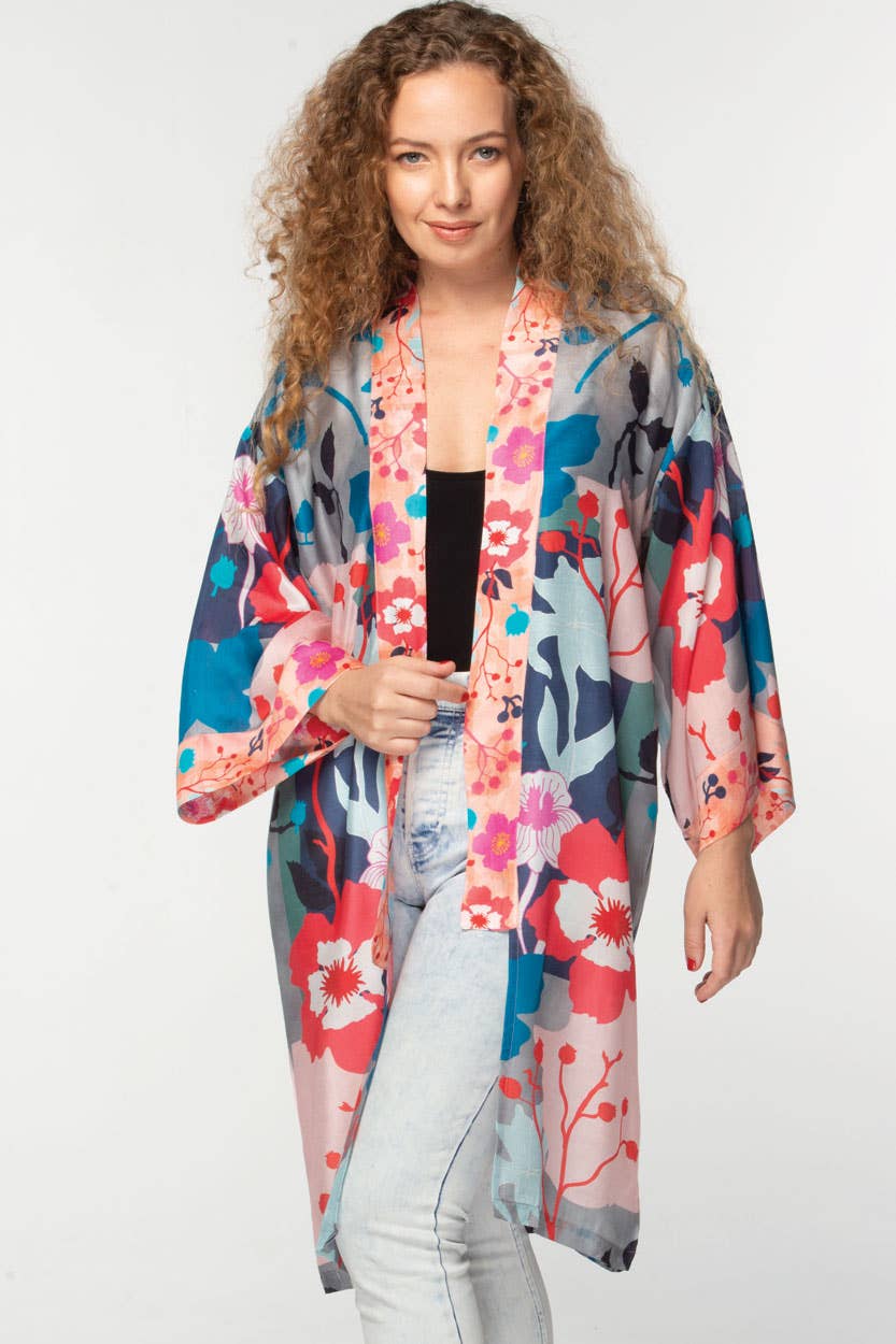 Malini Cupro Kimonos: Navy Multi Floral