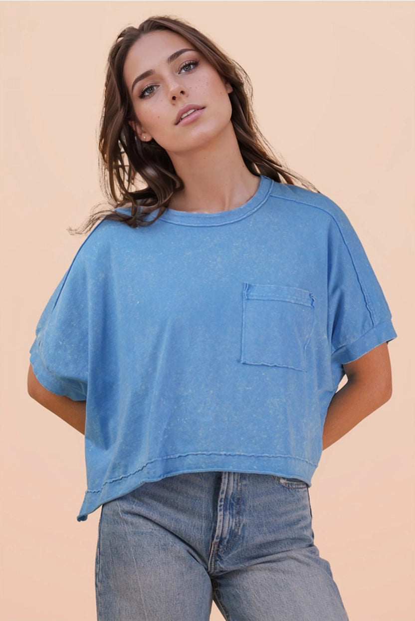 Blue Mineral Washed Oversized Crop Comfy Knit Top
