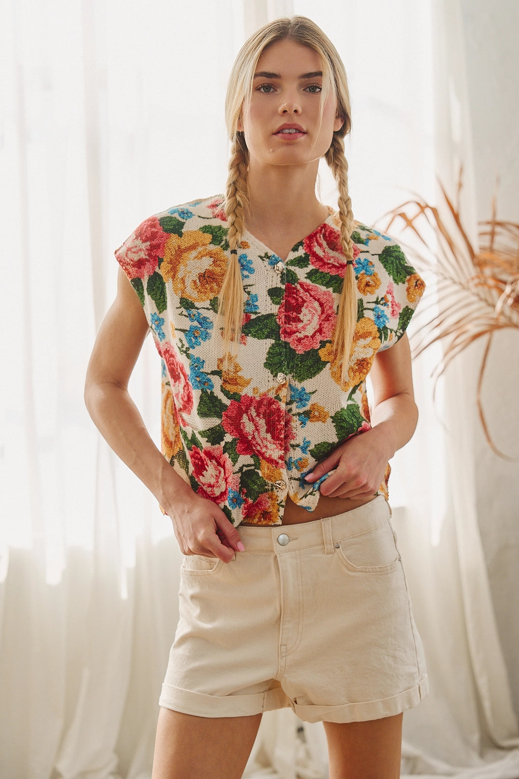 Floral Tapestry Button Knit Top