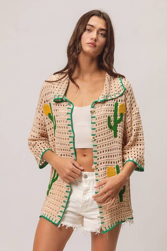 Edge Stitch Cactus Sweater Cardigan Top
