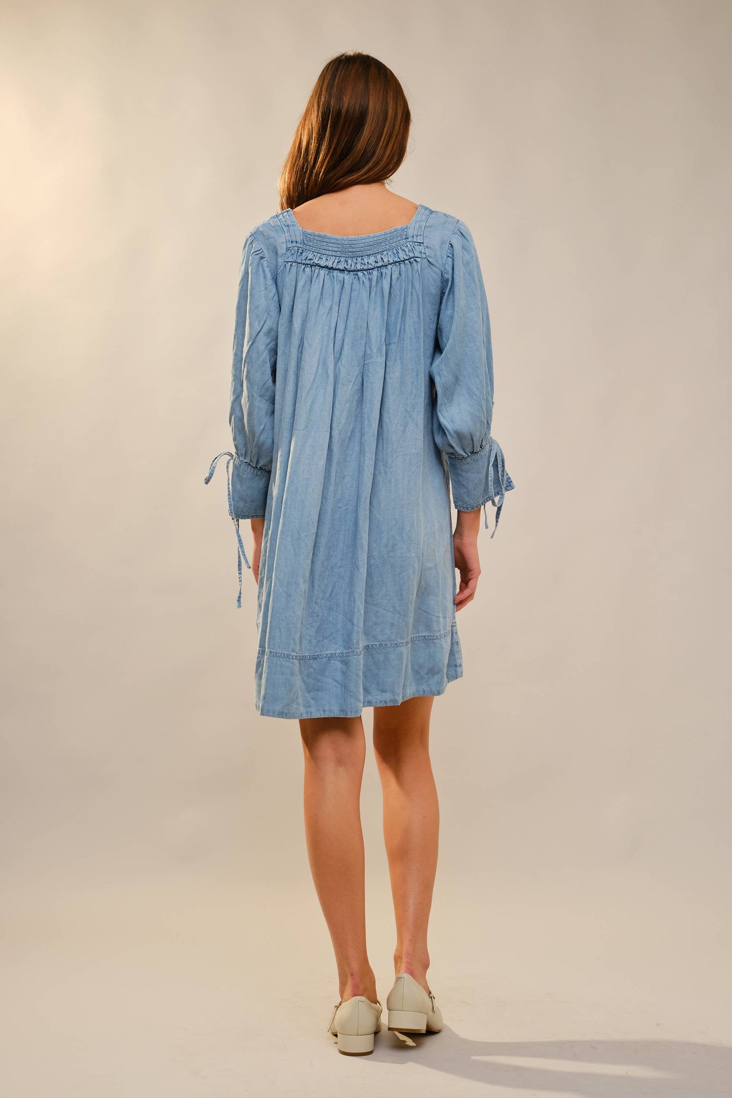 3/4 Sleeve Stitch Detail Chambray Dress