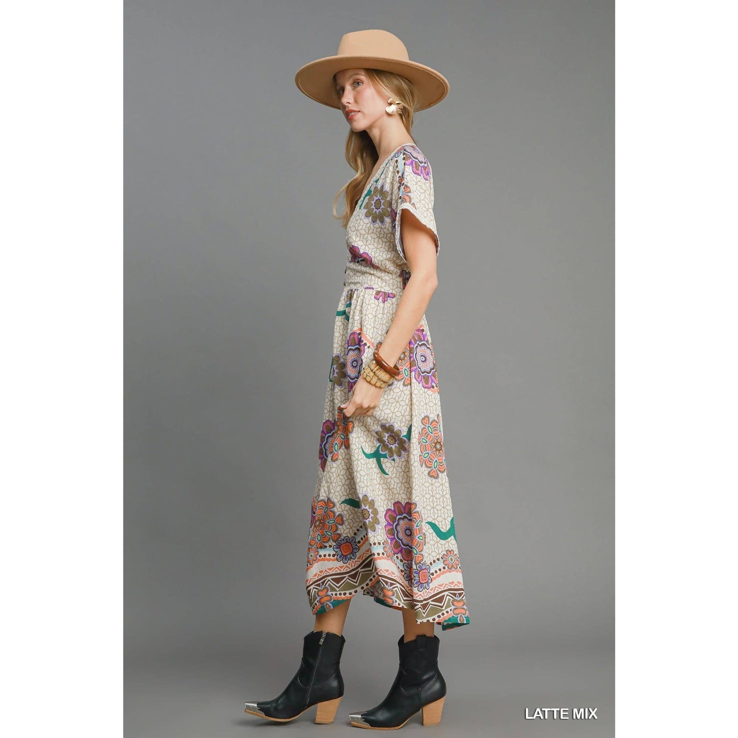 Latte Abstract Print Midi Dress
