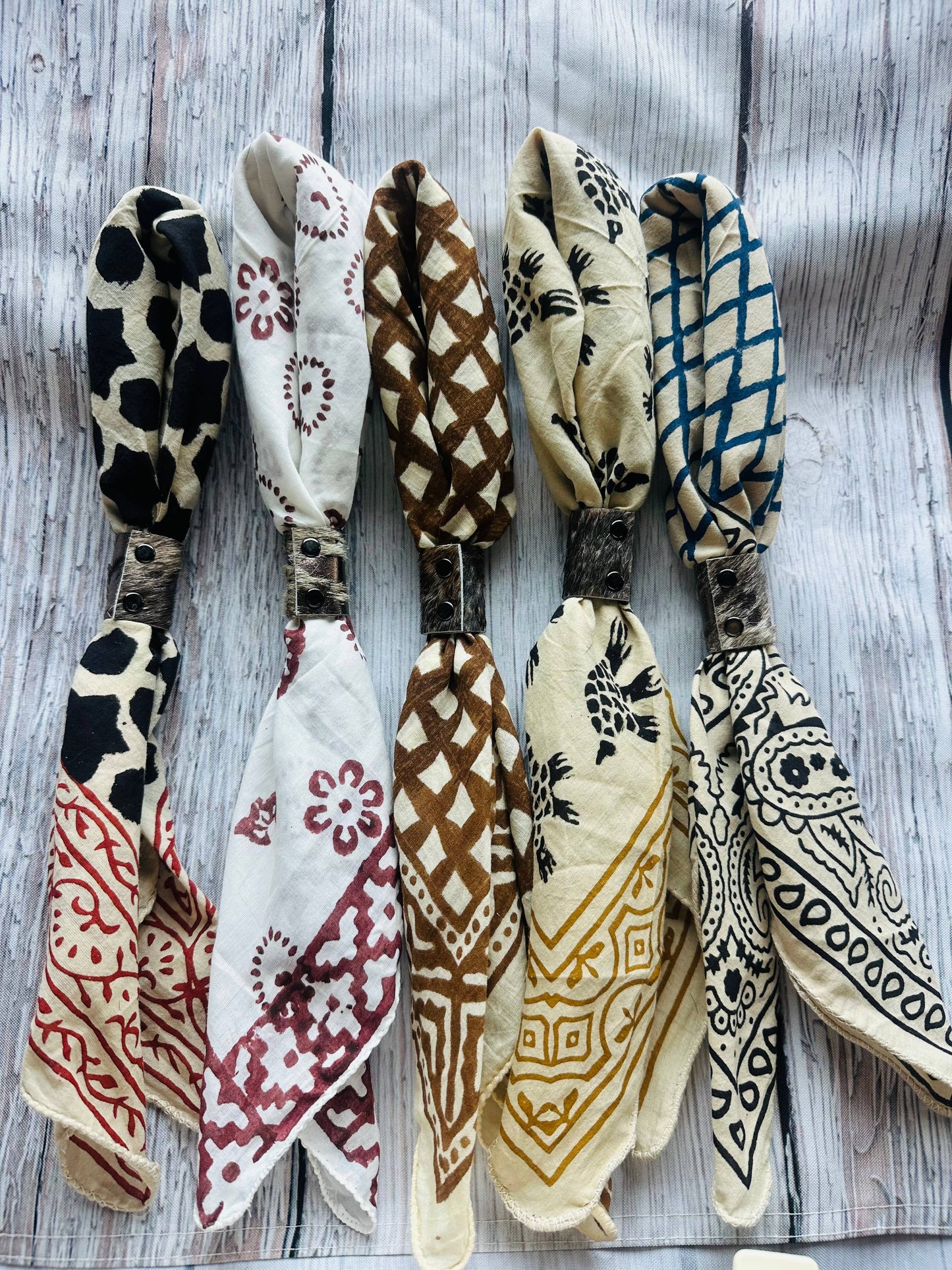 Boho Bandanas With Cowhide Leather Slides