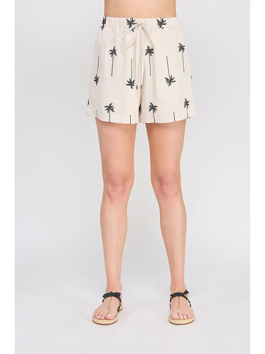 Draped Palm Tree Embroidered Lined Short