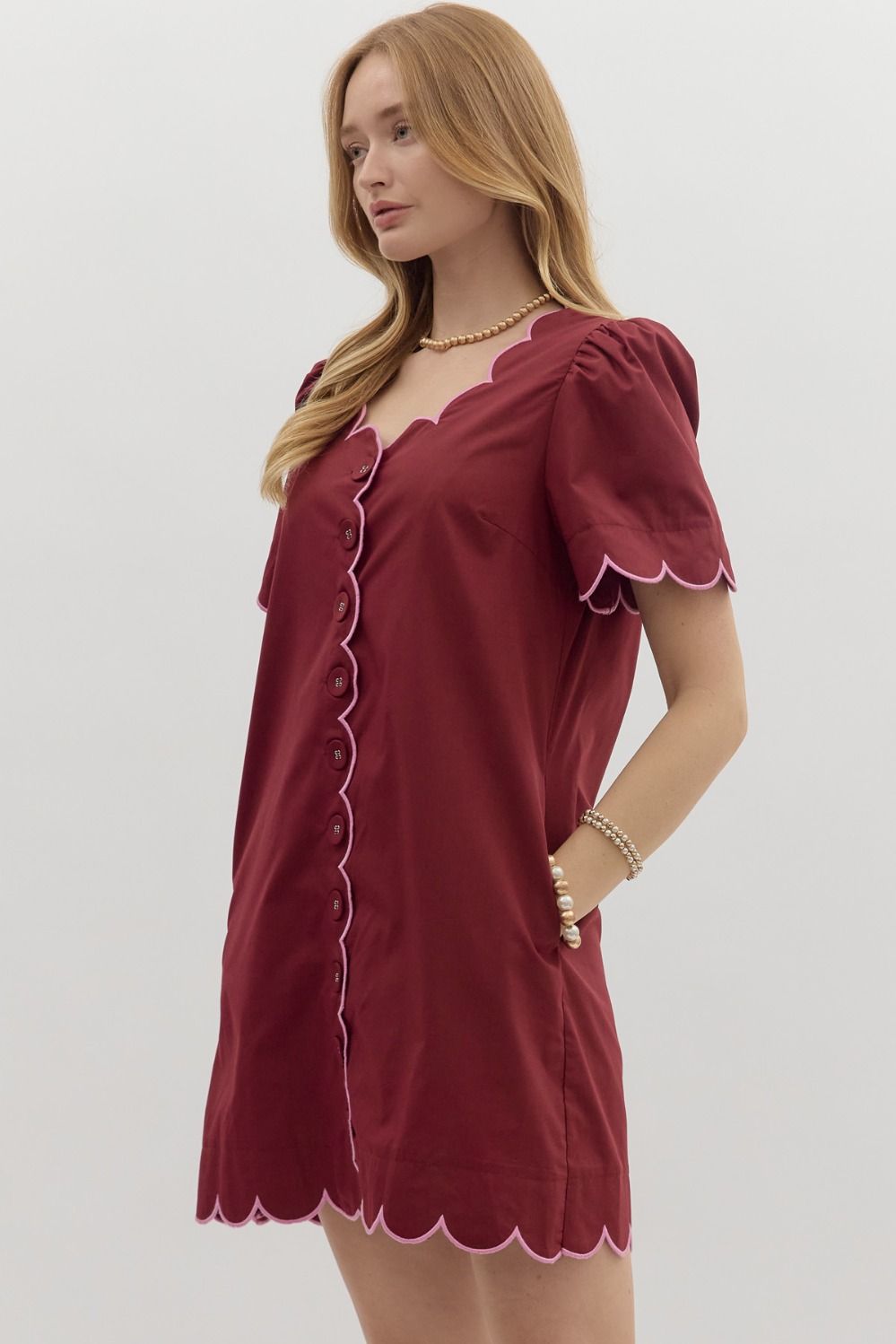Burgundy Scallop Mini Dress