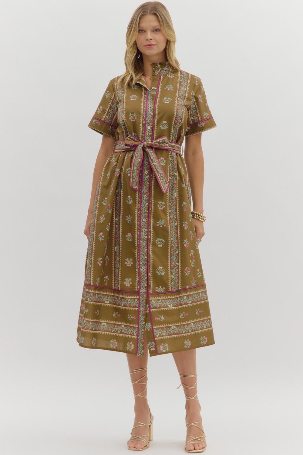 Olive Bloom Belted Midi Dress