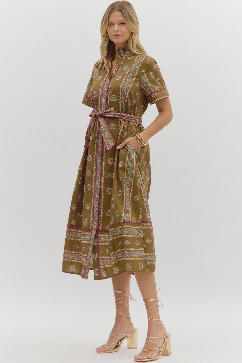 Olive Bloom Belted Midi Dress