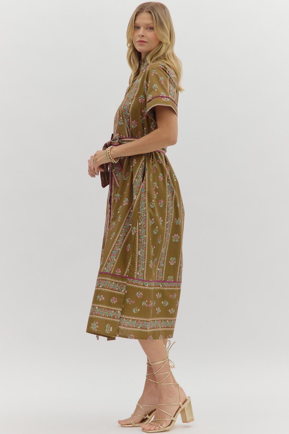 Olive Bloom Belted Midi Dress