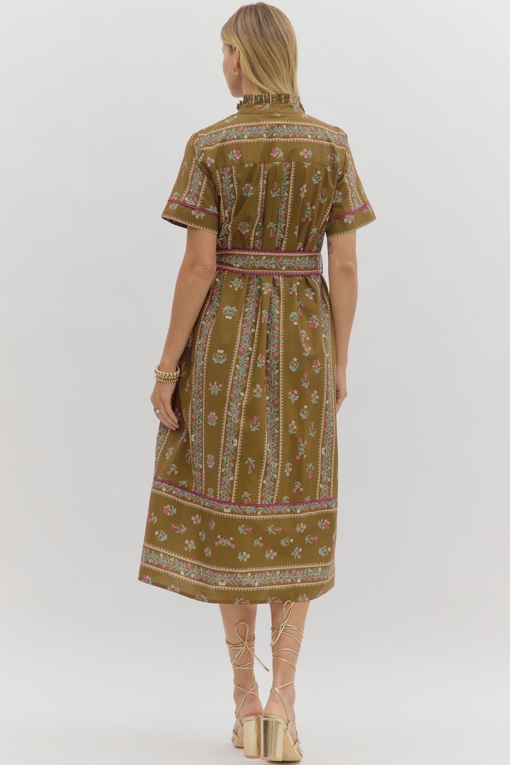 Olive Bloom Belted Midi Dress