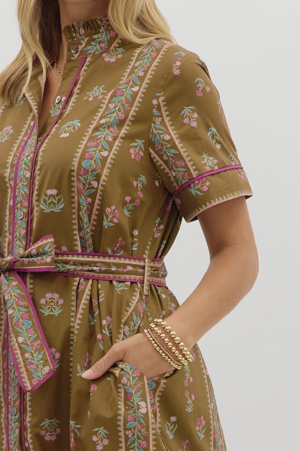 Olive Bloom Belted Midi Dress