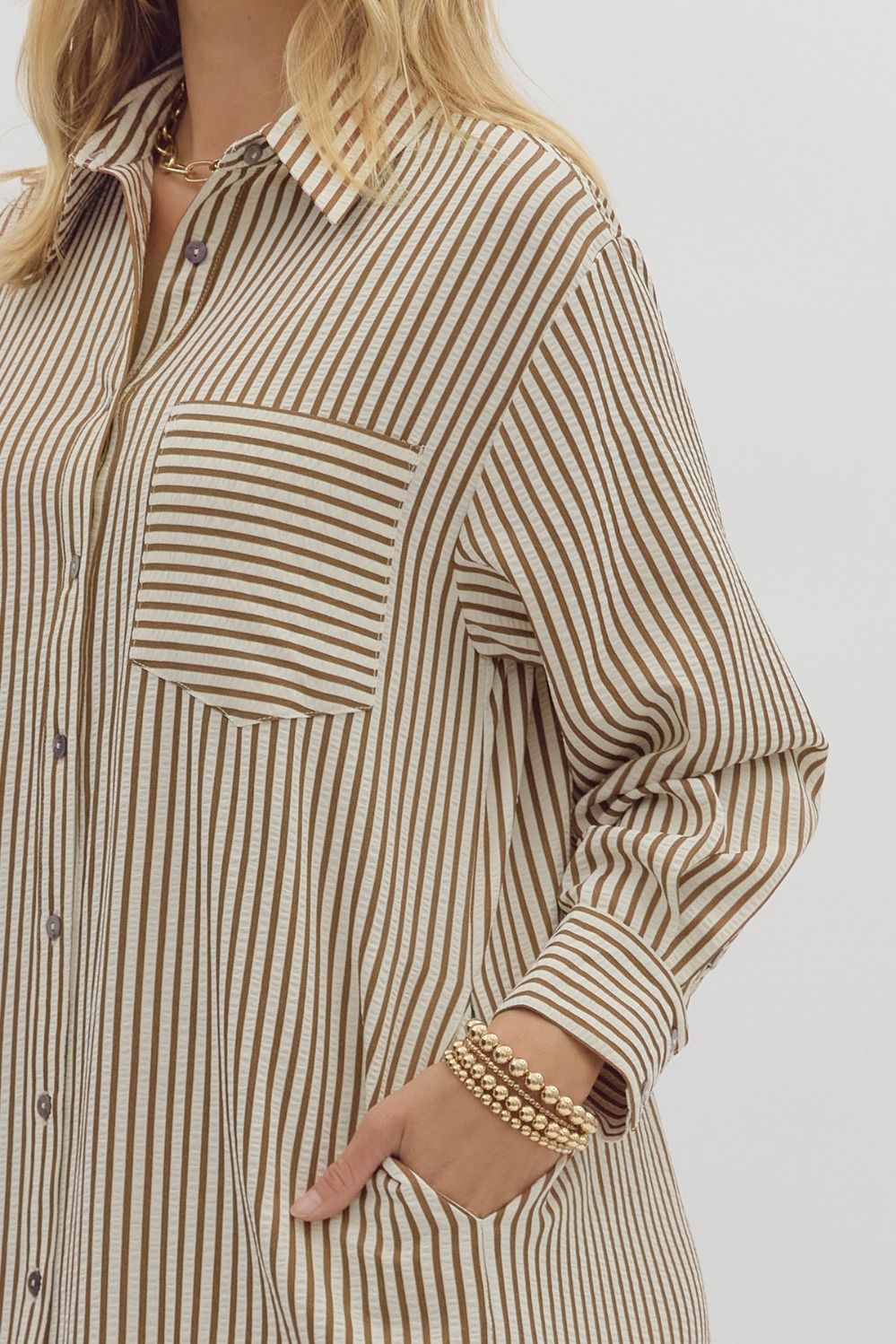 Camel Stripe Shirt Dress