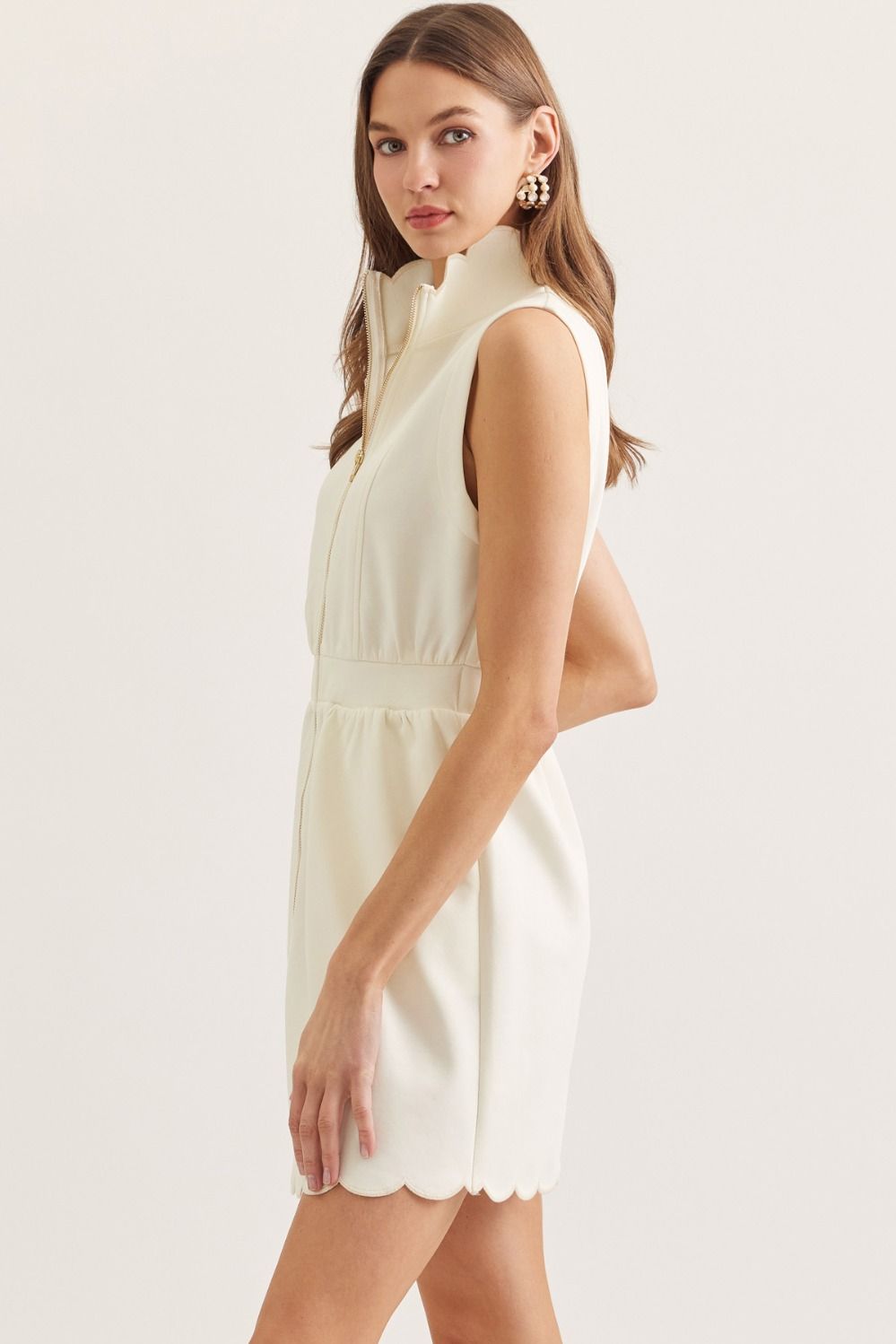 Cream Scalloped Mini Dress with Zipper