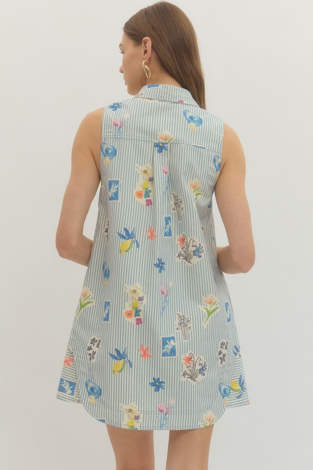 Blue Striped Denim Sleeveless Mini Dress