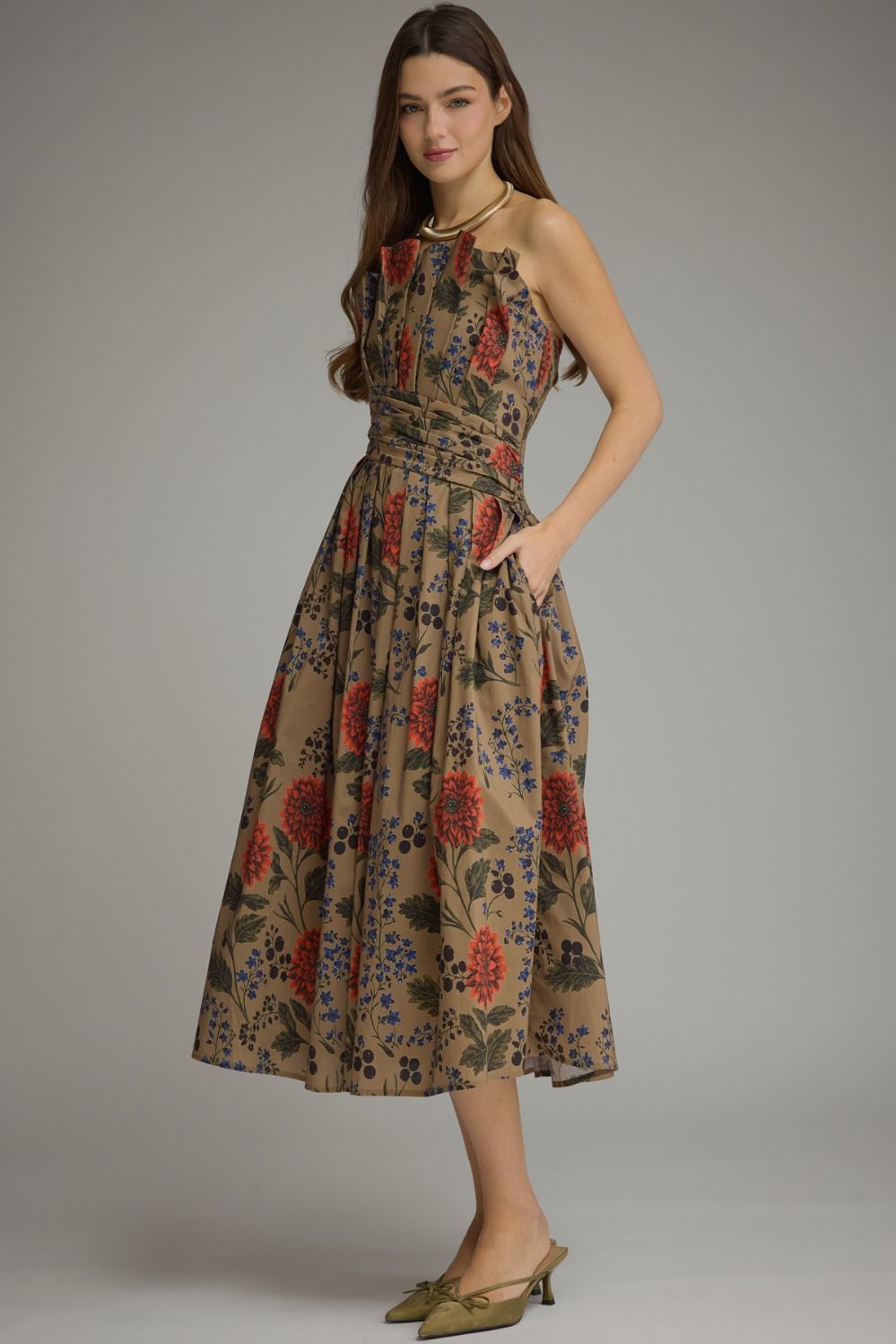 Floral Fall Sleeveless Pleated Midi Dress