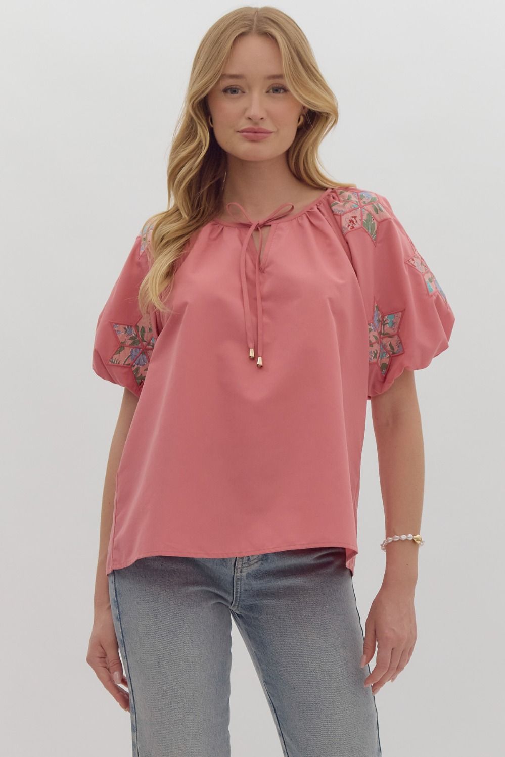 Mauve Patch Embroidered Sleeve Top