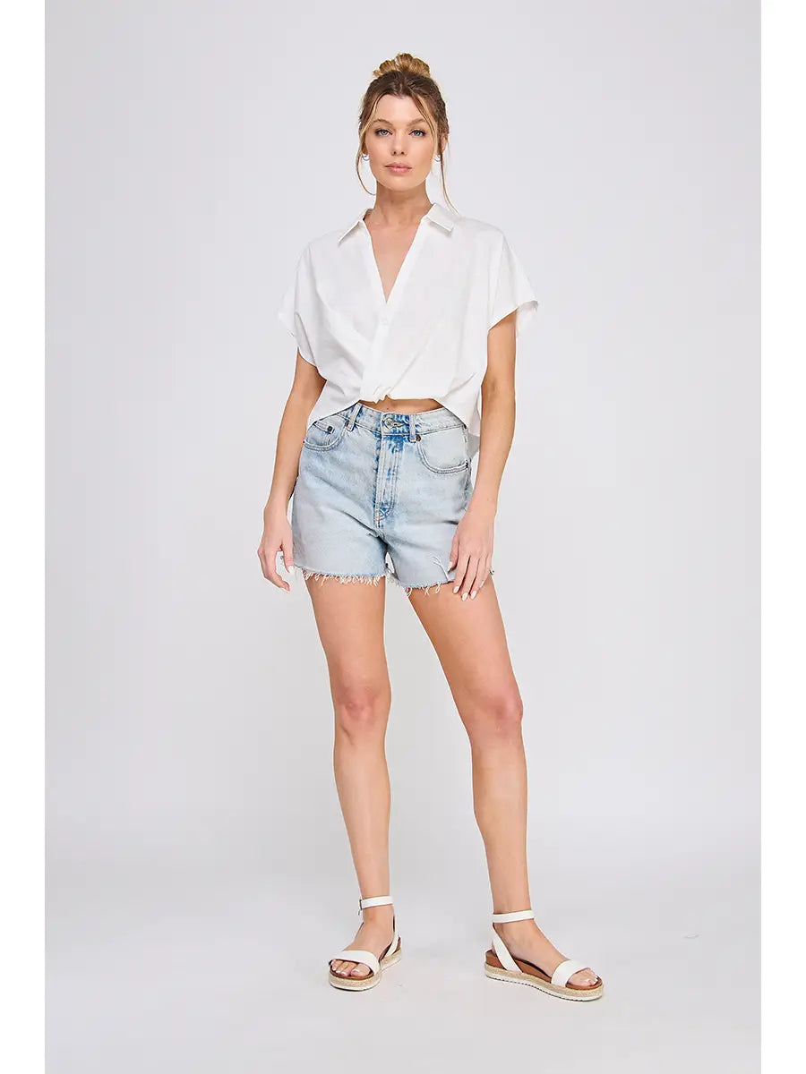 Textured Woven, Criss-Crossed Collared Top