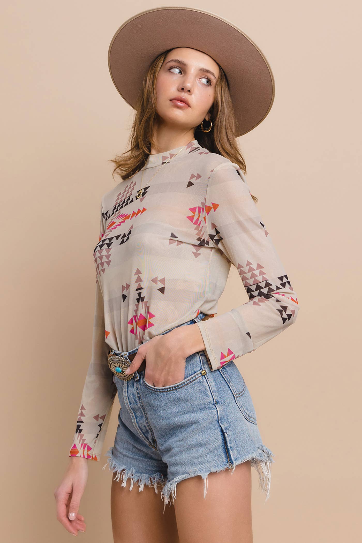 Western Aztec Print Mesh Mock Neck Top: WESTERN PRINT / L