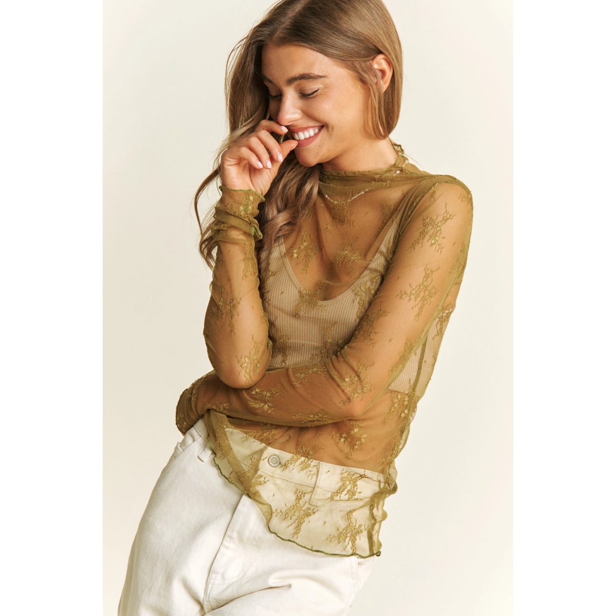 Olive Sheer Lace Long Sleeve Mesh Top