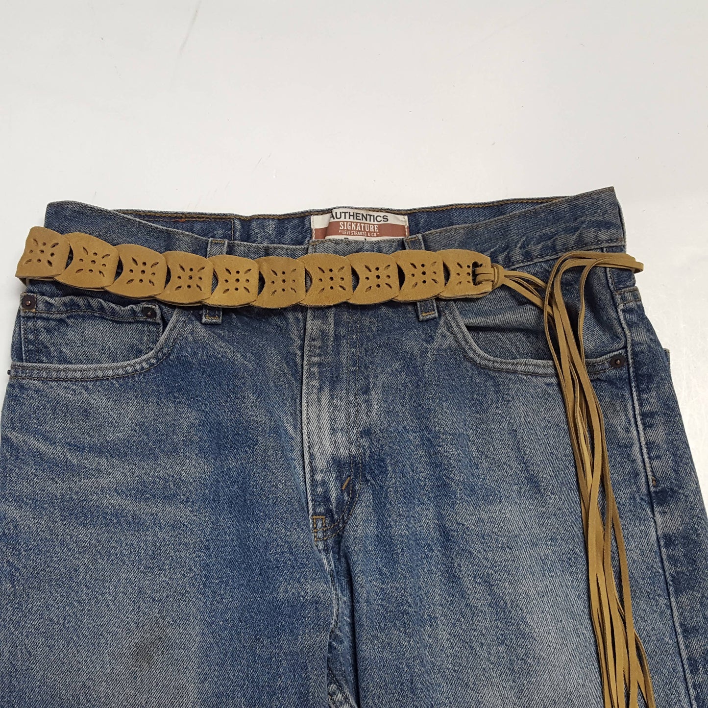 Genuine Suede Link Belt with Fringes: Brown/Sand