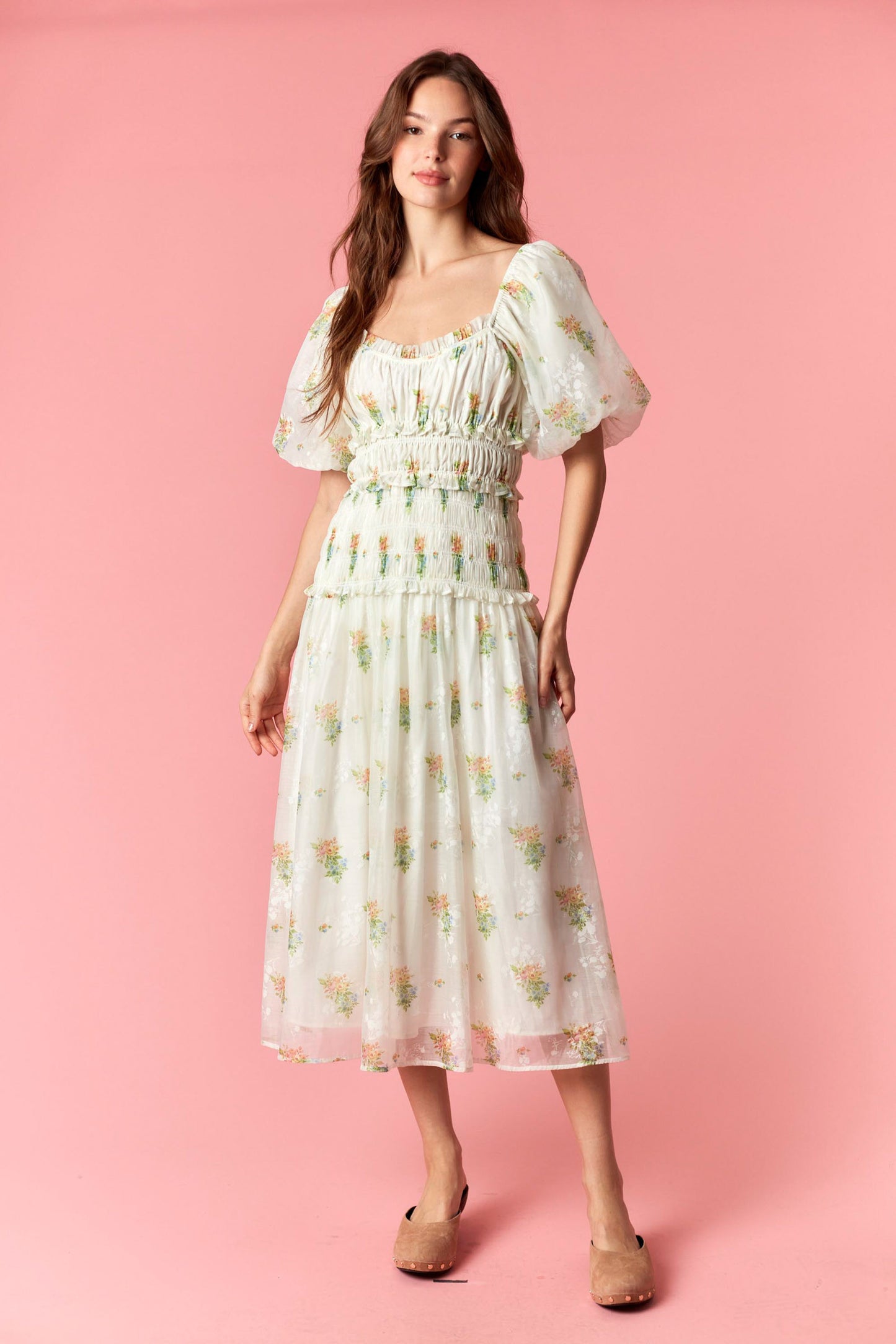 Floral Printed Ruffled and Waist Smocking Maxi Dress