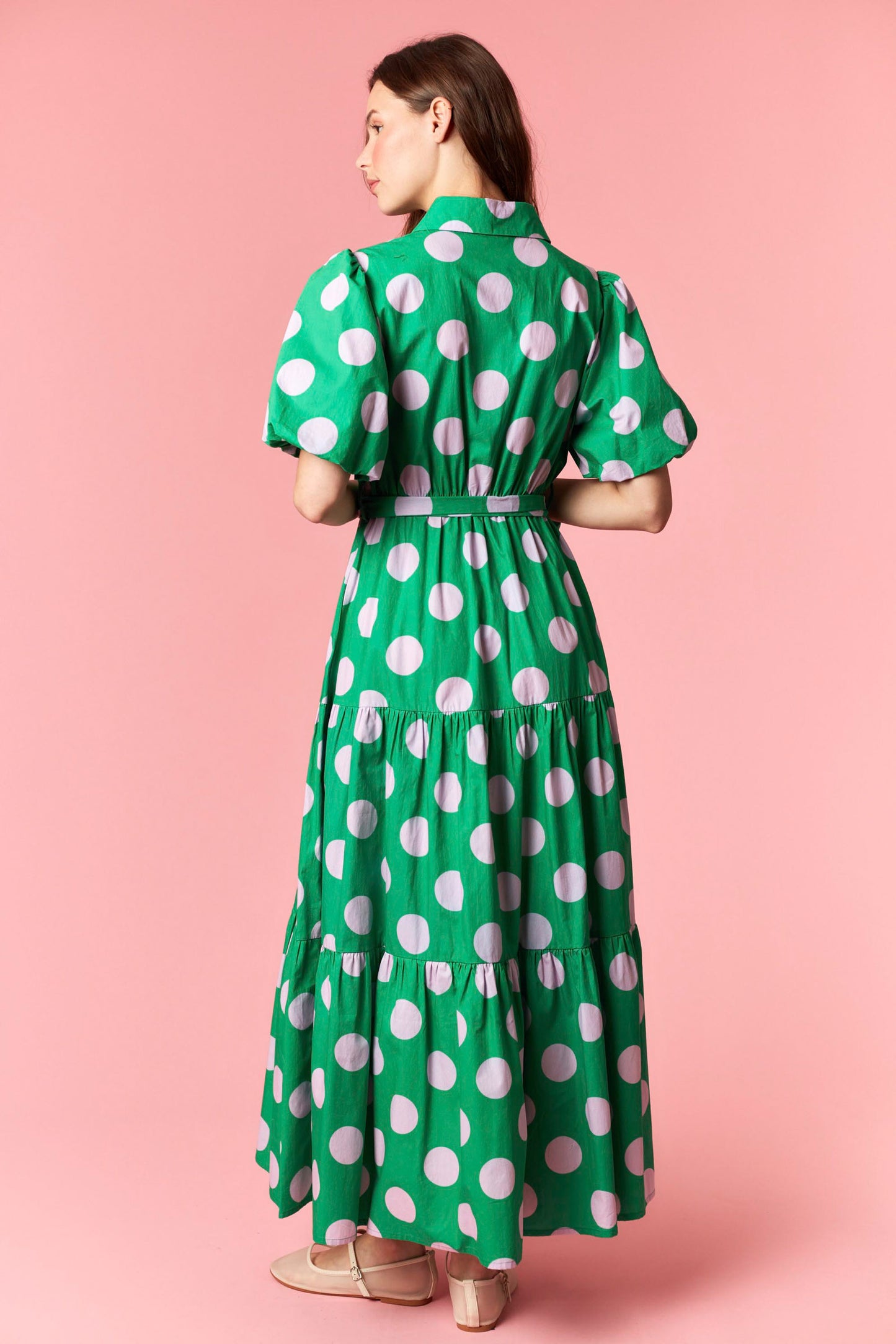 Green Cotton Poplin Polkadot Puff Sleeve Maxi Dress