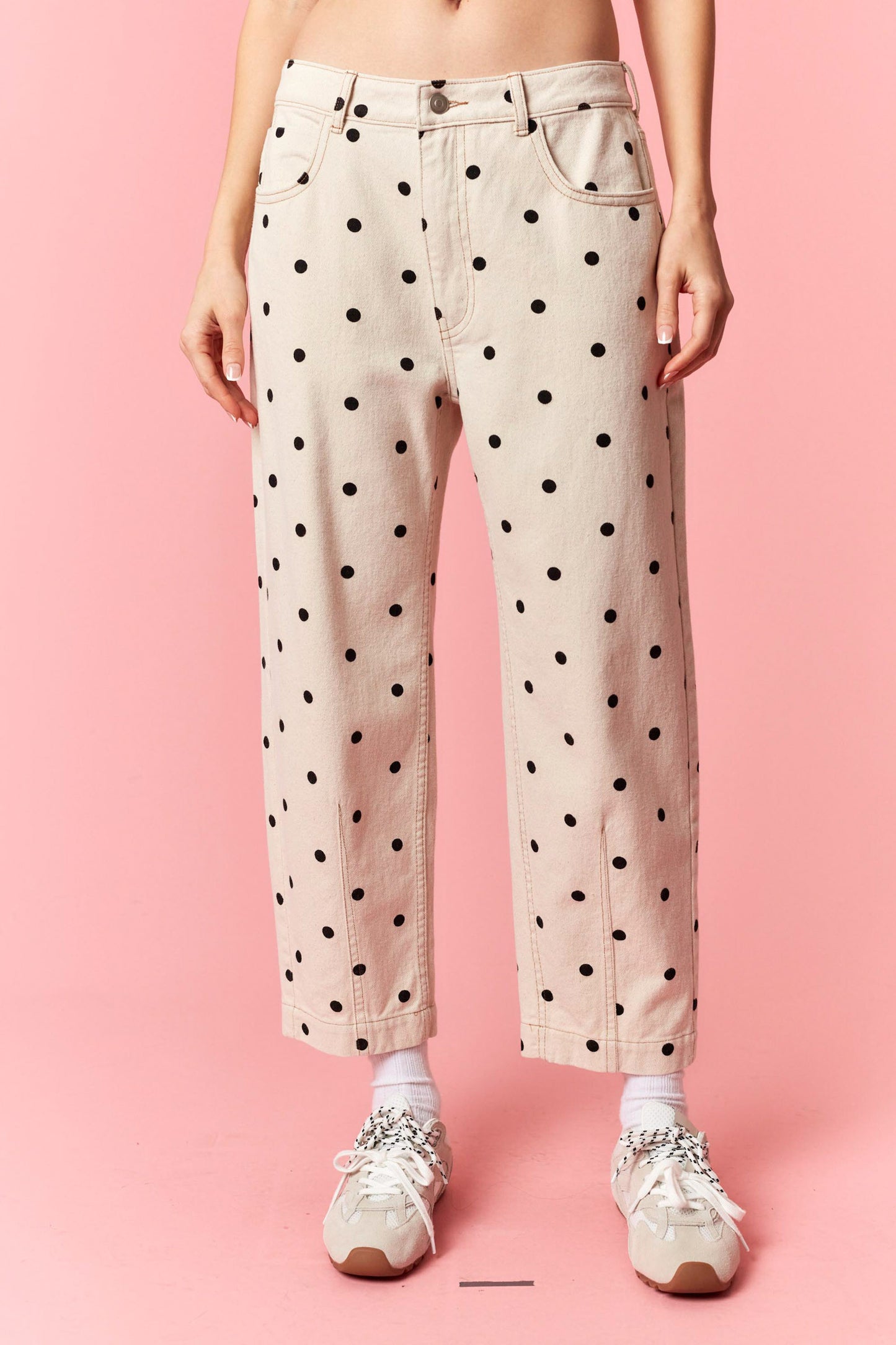Polka Dot Printed Twill Denim Barrel Pants
