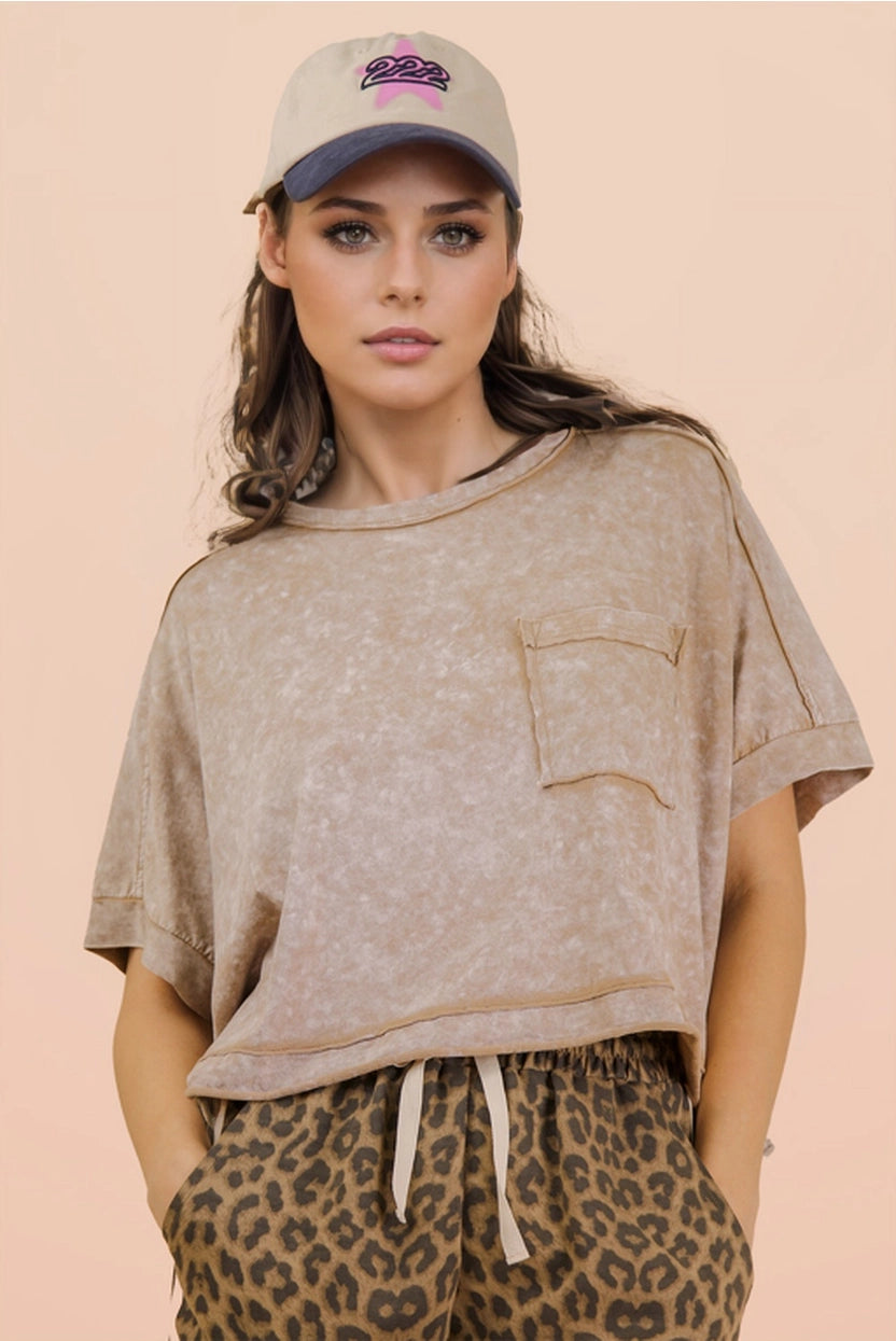 Taupe Mineral Washed Oversized Crop Comfy Knit Top