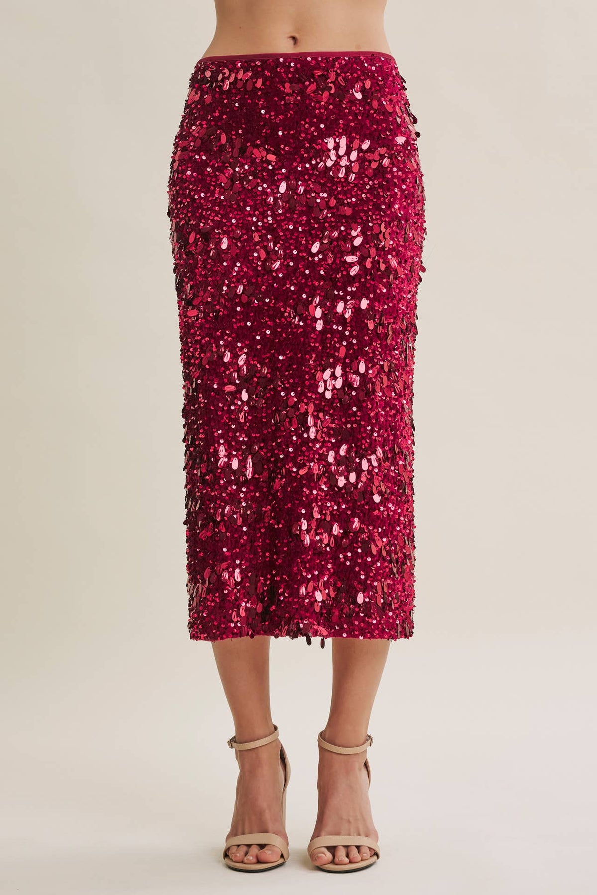 Harvest Glow Sequin Midi Skirt in Cranberry Kiss