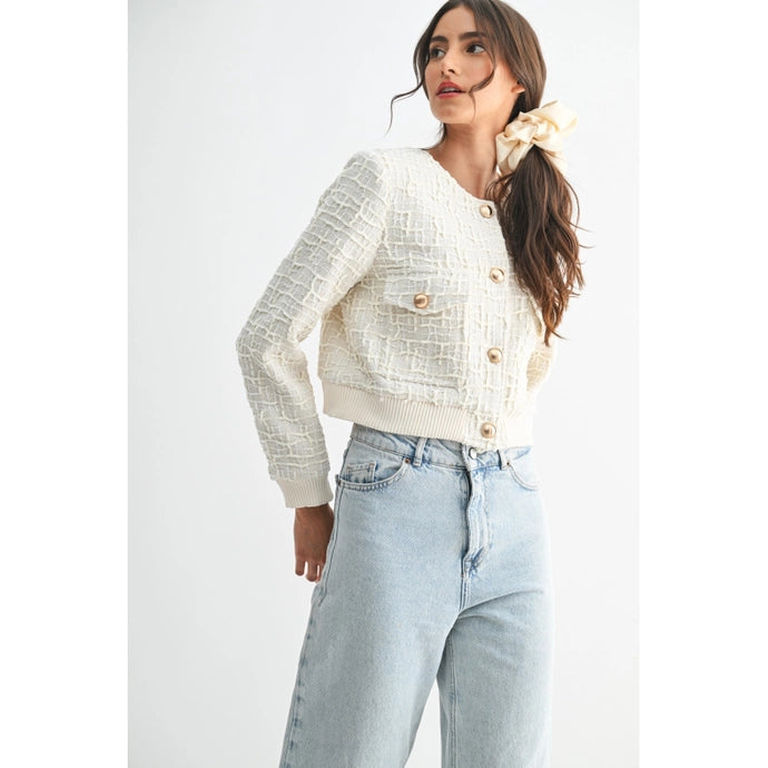 Ivory Elegant Textured Knit Wool Jacket