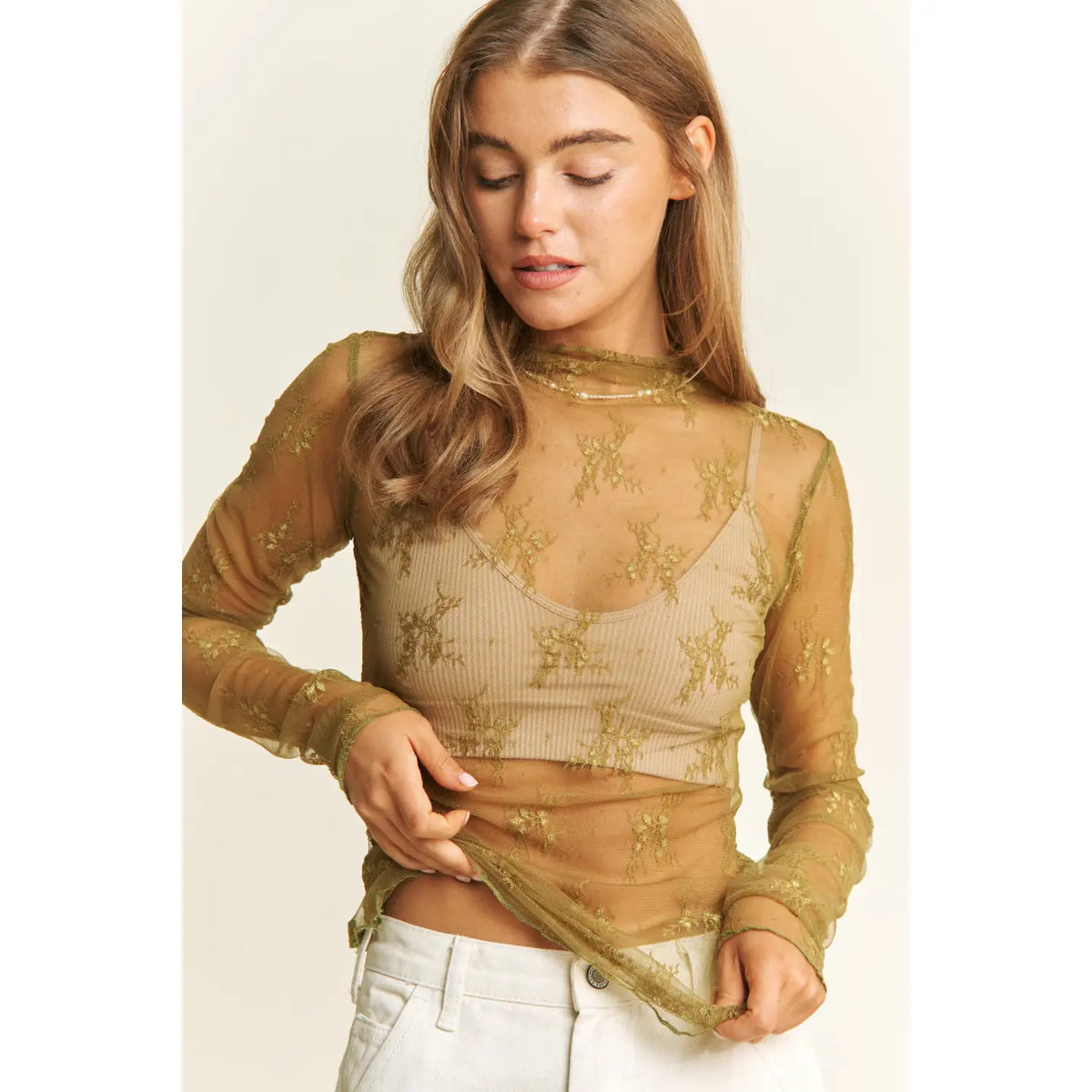 Olive Sheer Lace Long Sleeve Mesh Top