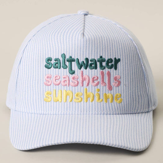 Blue Saltwater Seashells Sunshine Embroidered Seersucker Hat