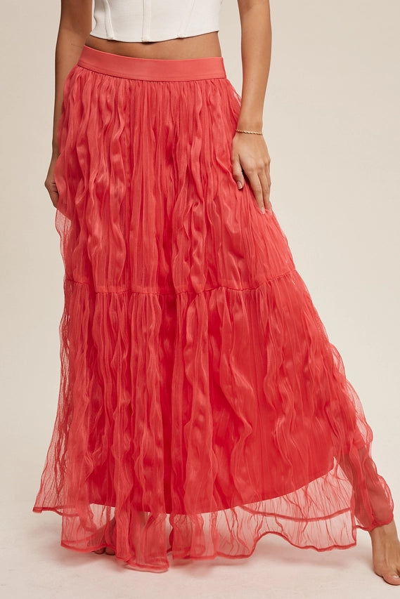 Coral Crinkled Mesh Maxi Skirt