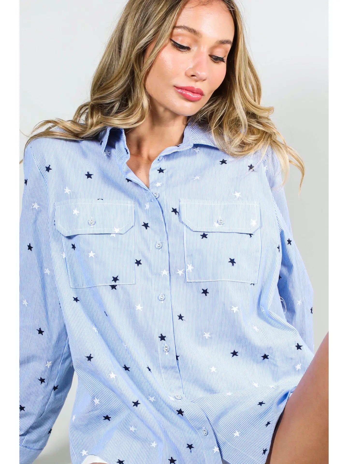 Star Embroidery Stripe Collared Button Up Top